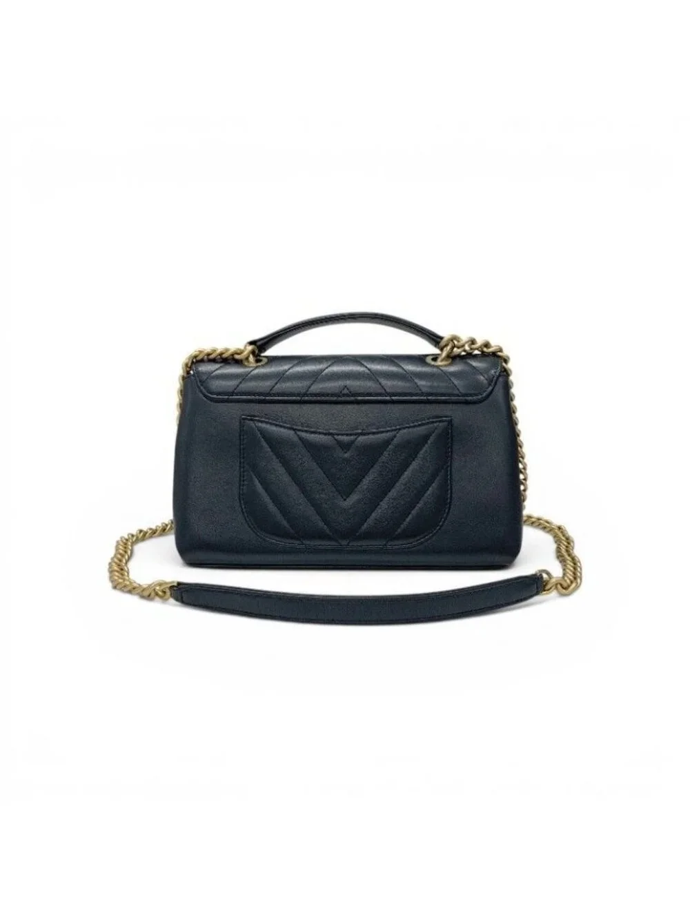Chanel Shoulder Bag Navy Gold Blanc CC Logo Stitch Chain Turnlock 2-Way